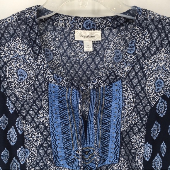 Blue Beaded Embroidered Paisley/Damask Boho V-Neck 3/4 Sleeve Tunic - Sz S - Picture 4 of 14